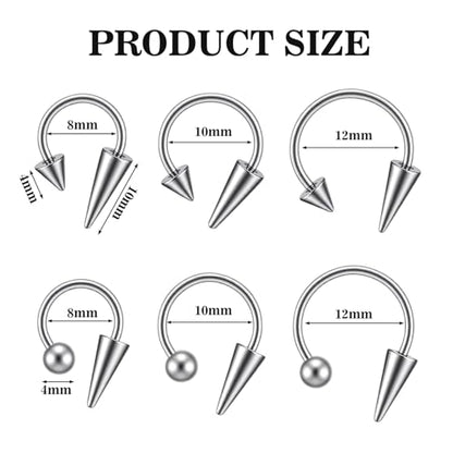 6PCS Lip Piercing Jewelry, Lip Rings Horseshoe 16G Stainless Steel | Spike/Ball, Tragus Helix Earrings Studs, for Women Men
