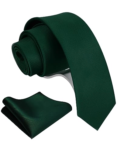 GUSLESON 2.4" Slim Necktie and Handkerchief Set For Men Solid Skinny Tie Set - color: Green