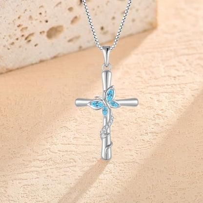 Cross Necklace for Women 925 Sterling Silver Butterfly Necklace Birthstone Pendant Created Gemstone Jewelry Gifts for Women - color: 03 March - Aquamarine