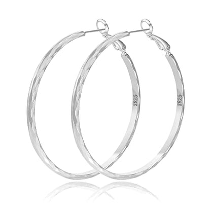 Sterling Silver Hoop Earrings - Diamond-Cut Circle Hoops, Hypoallergenic, 3mm Thin, Oversize 20/30/40/50/60mm - color: Silver,50mm