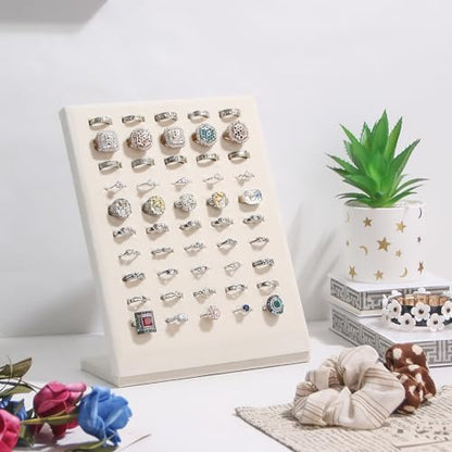 Ring Display Stand, Velvet Ring Holder, 50 Slots Rings Organizer Jewelry Display Tray, L-Shaped Jewelry Organizer Stand for Rings Earrings Selling (1, Beige) - color: Beige