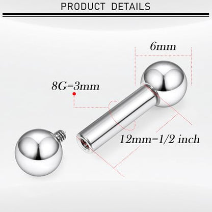 16G-00G Tongue Rings Nipple Piercings Internally Threaded Straight Barbell 316L Surgical Steel Body Piercing Jewelry for Women Men Black silver 12mm 14mm 16mm 19mm Bars Length - color: Silver, size: 8G(3mm)-12mm barbells-6mm Balls