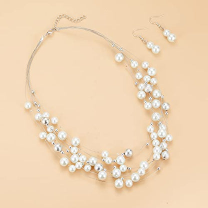 FULU AUTUMN Layered Pearl Necklace Multi-strand Pearl Choker Necklaces for Women Beaded jewelry for Wedding Parties - color: 37-White