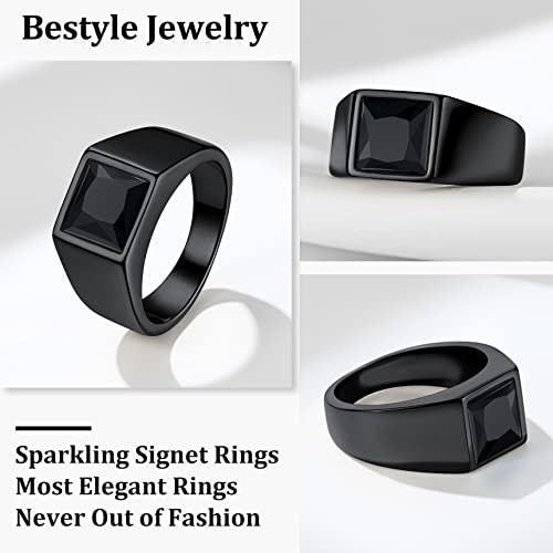 Bestyle Stainless Steel Men Signet Ring-Black/Blue Gemstone Band Ring-Classic Simple Thick Men Ring Size 7-14 - color: 03. 8MM Black Zircon - Black