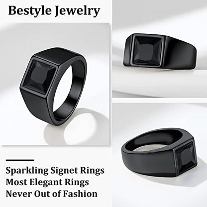 Bestyle Stainless Steel Men Signet Ring-Black/Blue Gemstone Band Ring-Classic Simple Thick Men Ring Size 7-14 - color: 03. 8MM Black Zircon - Black