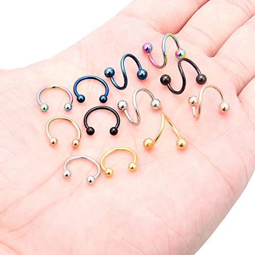16G Spiral Lip Rings Hoops 316L Surgical Steel Cartilage Helix Tragus Earring Lip Eyebrow Labret Septum Smiley Rings Hoop Piercing Jewelry 8mm 10mm - color: D:10MM-Mix color