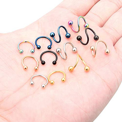16G Spiral Lip Rings Hoops 316L Surgical Steel Cartilage Helix Tragus Earring Lip Eyebrow Labret Septum Smiley Rings Hoop Piercing Jewelry 8mm 10mm - color: D:10MM-Mix color