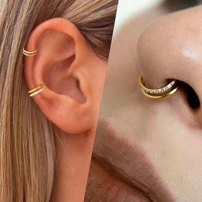 Cartilage Helix Conch Piercing Jewelry Gold Hoop Women Earrings | 2pcs, Huggie, Made of Stainless Steel, 14k Gold Plated, Hypoallergenic, Sparkly Cubic Zircon, Double Hoop design - color: Zircon Gold, size: 2pcs-16g-8/10mm
