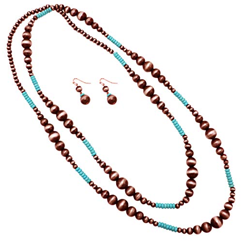 Rosemarie Collections Women's Extra Long Navajo Pearl And Turquoise Howlite Bead Statement Western Endless Strand Necklace Earrings Set, 60" - color: Metallic Copper