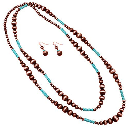 Rosemarie Collections Women's Extra Long Navajo Pearl And Turquoise Howlite Bead Statement Western Endless Strand Necklace Earrings Set, 60" - color: Metallic Copper