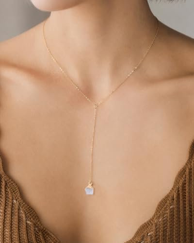 Lariat Necklace for Women Dainty Gold Long Crystal Drop Y-Shaped Necklace | 14k Gold Plated Crystal Drop Necklace Trendy Non Tarnish Simple Gold Jewelry For Wedding, Prom, Daily - color: Moonstone