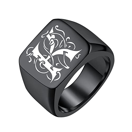 FindChic Customized Signet Photo Rings Square/Heart/Round Chunky Band Ring Stainless Steel/18K Gold Plated/Black Size 7 to 14 Personalized Jewelry for Men Women, Send Gift Box - color: 01. personalized monogram square (black)