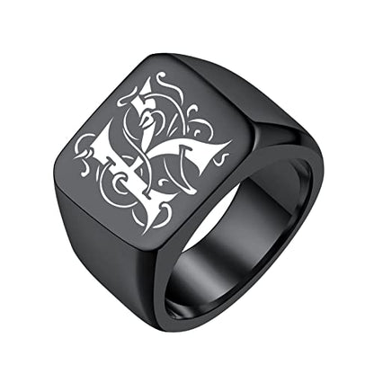 FindChic Customized Signet Photo Rings Square/Heart/Round Chunky Band Ring Stainless Steel/18K Gold Plated/Black Size 7 to 14 Personalized Jewelry for Men Women, Send Gift Box - color: 01. personalized monogram square (black)