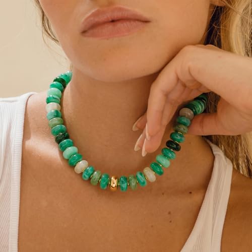 Beaded necklace for Women Boho Bead Gemstone Chunky Necklace Big Bead Necklace Fashion Trendy Summer Necklaces Jewelry Gifts - color: Gradient Green&GD Beaded
