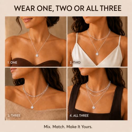 Layered Necklaces for Women, 3 Piece Gold Necklace Set | Paperclip, Satellite & CZ Pendant Chains; 14K Gold Plated Silver Stainless Steel Necklace; Hypoallergenic Non Tarnish Jewelry - color: Silver