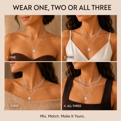 Layered Necklaces for Women, 3 Piece Gold Necklace Set | Paperclip, Satellite & CZ Pendant Chains; 14K Gold Plated Silver Stainless Steel Necklace; Hypoallergenic Non Tarnish Jewelry - color: Silver