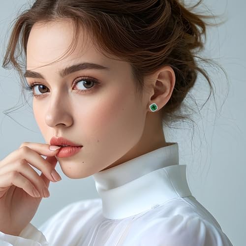 Square Cubic Zirconia Earrings Stud 7mm Birthstone Studs Earrings Hypoallergenic Princess Cut Earrings 925 Sterling Silver Post Studs Earrings for Women - color: Emerald