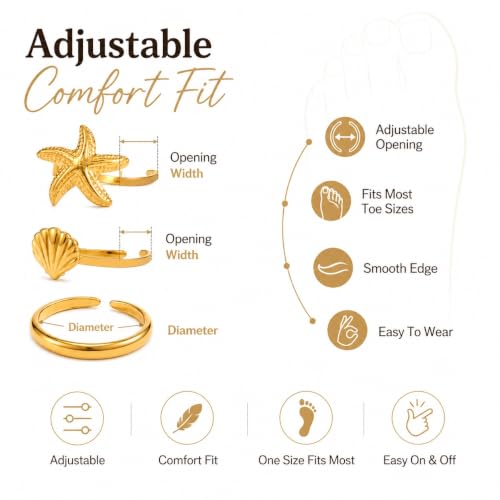 9Pcs Gold Toe Rings for Women Non Tarnish 18K Gold Plated Stainless Steel Toe Rings Adjustable Starfish Shell Ring Summer Beach Waterproof Foot Jewelry