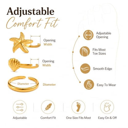 9Pcs Gold Toe Rings for Women Non Tarnish 18K Gold Plated Stainless Steel Toe Rings Adjustable Starfish Shell Ring Summer Beach Waterproof Foot Jewelry
