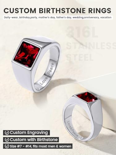 KeyStyle Square Gemstone Signet Rings for Men, Personalized Stainless Steel Pinky Ring with Black Onxy Blue Topaz Birthstone Statement Ring - color: 316L Stainless Steel-Custom Stone-8mm