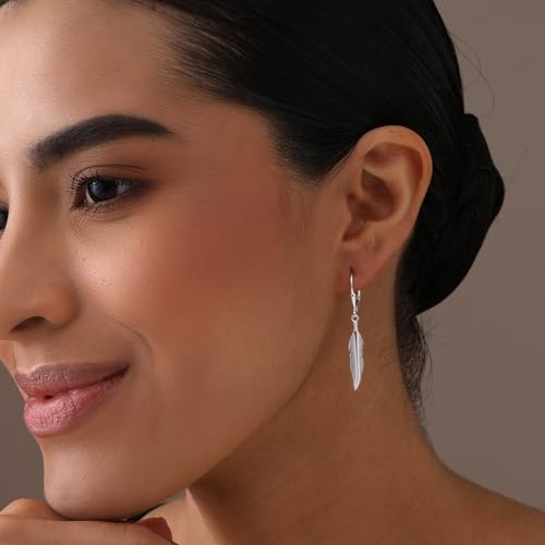 LeCalla 925 Sterling Silver Drop Earrings | Lever-Back Drop Earrings | Hypoallergenic Silver Teardrop Leverback Dangle Earring for Women Jewelry Gifts - color: Nature Feather Drop-40MM