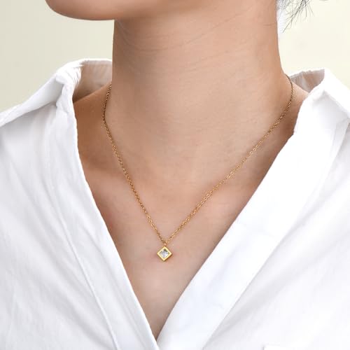 Dainty 316L Stainless Steel Square Necklace for Women Trendy, Cubic Zirconia Square Pendant Necklace Jewelry - color: Original SS
