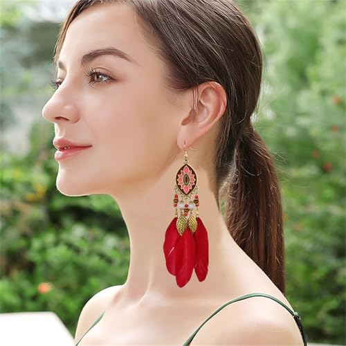 Dreuyet Boho Long Feather Drop Dangle Earrings for Women Retro Bohemian Ethnic Fringe Multicolor Tassel Feather Earring Handmade Statement Dream Catcher Earrings Jewelry - color: Red Oval