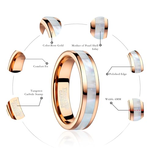 Vakki 4mm 6mm Womens Rose Gold Tungsten Carbide Ring with Mother of Pearl Shell/Marble Inlaid Wedding Band Comfort Fit Size 5-12 - color: E-6mm-Mother of Pearl