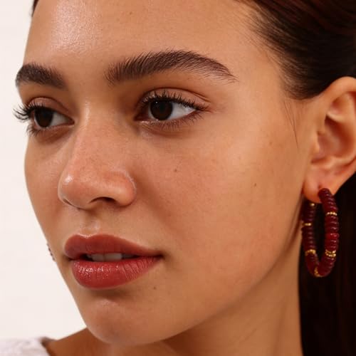Wellike Beaded Hoop Earrings for Women Natural Stone Pink Gold Huggie Earrings Hypoallergenic Dainty Waterproof Trendy Jewelry - color: Burgundy, size: 45mm