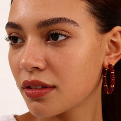 Wellike Beaded Hoop Earrings for Women Natural Stone Pink Gold Huggie Earrings Hypoallergenic Dainty Waterproof Trendy Jewelry - color: Burgundy, size: 45mm