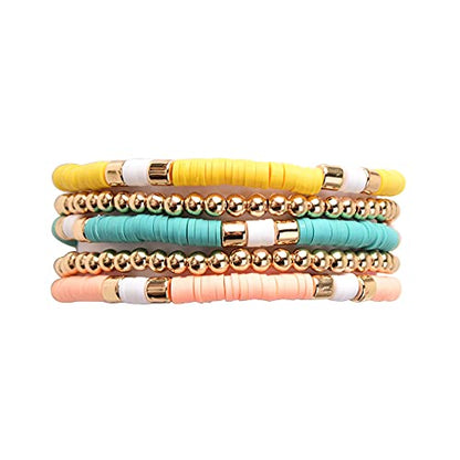 GOOJIDS Surfer Heishi Clay Bead Bracelets for Women Bohemian Stackable Gold Plated Beaded Stretch Bracelets Elastic Layering Friendship Bracelets Set Boho Jewelry - color: A-Multicolor 5pcs