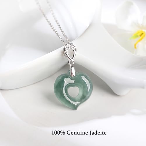 Real Green Jade Pendant Necklace for Women Donut/Heart/Clover/Teardrop/Rose/Lotus Flowers Genuine Jadeite Jewelry with Gold Plated 925 Sterling Silver Chain - style: Peach Silver Necklace