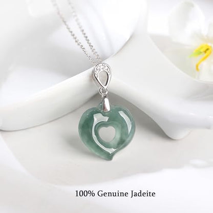 Real Green Jade Pendant Necklace for Women Donut/Heart/Clover/Teardrop/Rose/Lotus Flowers Genuine Jadeite Jewelry with Gold Plated 925 Sterling Silver Chain - style: Peach Silver Necklace