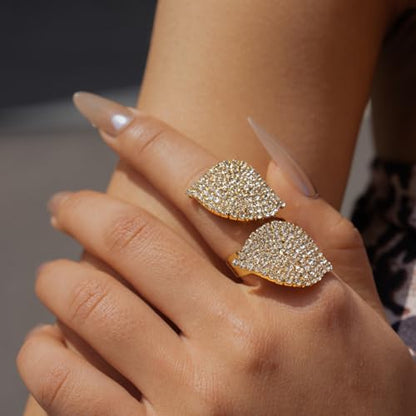 Rhinestone Finger Ring for Women Sparkly Crystal Butterfly Flower Leaf Adjustable Statement Chain Rings Punk Jewelry - color: Leaf G