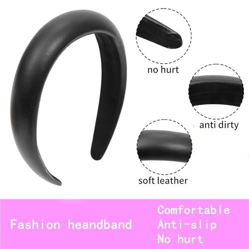 Black Leather Padded Headband Soft,Womens Dressy Hairband | Wide Headband,Trendy Styles,Stylish,Fancy,Comfortable,Daily,Prom,Party,Head Accessories