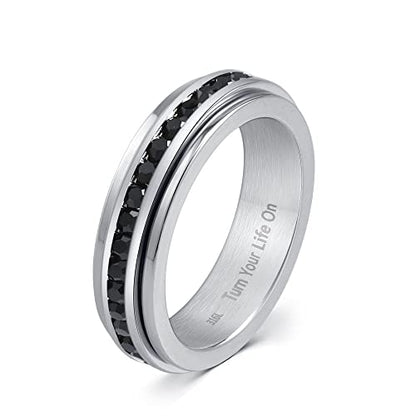 Muses Art Design Fidget Rings, Anxiety Rings, Spinner Rings, Band Rings with Birthstone, Stainless Steel, Women and Men, Meditation Rings, Thumb Rings, Stress Relieving and Anxiety Reducing - color: Black