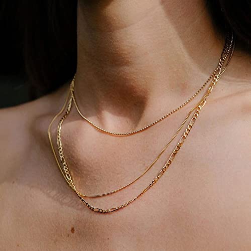 Freekiss Layered Necklace Set for Women Stackable | Herringbone Snake Cuban Rope Chain, Dainty Choker, Layered Stackable, Non Tarnish, Hypoallergenic, Adjustable 14-18.5" - color: Gold, style: Beads+Cuban+Figaro
