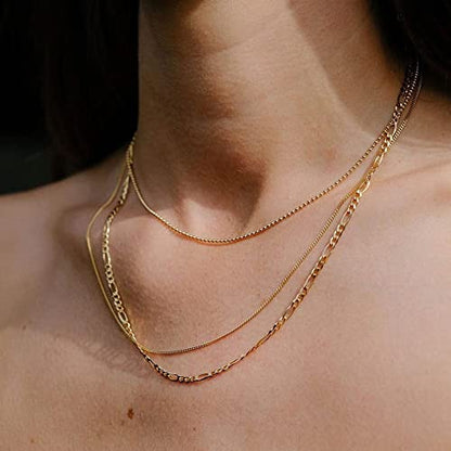 Freekiss Layered Necklace Set for Women Stackable | Herringbone Snake Cuban Rope Chain, Dainty Choker, Layered Stackable, Non Tarnish, Hypoallergenic, Adjustable 14-18.5" - color: Gold, style: Beads+Cuban+Figaro