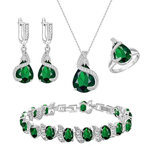 GZWHD Jewelry Set for Women Water Drop Cubic Zirconia Artificial Crystal Earrings Pendant Necklace Open Ring Tennis Bracelet Wedding Anniversary Birthday Engagement Gift for Bridesmaid Wife Girlfriend Friend - color: Green