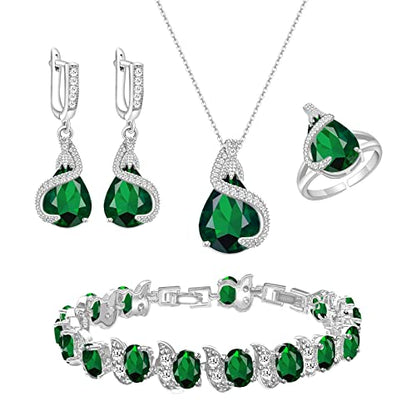 GZWHD Jewelry Set for Women Water Drop Cubic Zirconia Artificial Crystal Earrings Pendant Necklace Open Ring Tennis Bracelet Wedding Anniversary Birthday Engagement Gift for Bridesmaid Wife Girlfriend Friend - color: Green