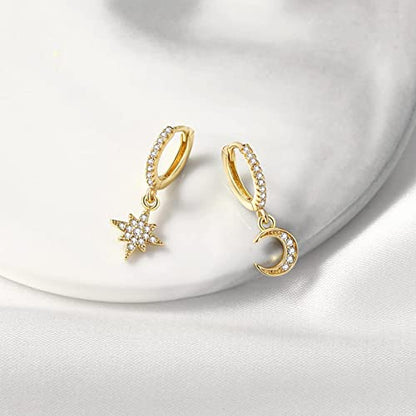 DAILY VIBES Cute Gold Mini Dangle Huggie Hoop Earrings for Women Trendy | 14K Gold Plated, Dainty Cubic Zirconia, Small Hoop Earrings with Charm Drop, Jewelry Gift for Women Ladies - color: Moon and Star CZ