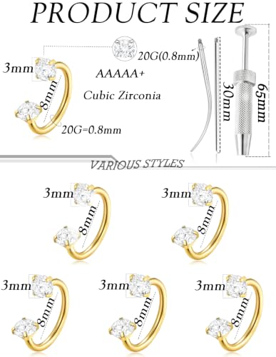 Akeoqi Horseshoe Nose Ring 20G 316L Surgical Steel Double CZ Internally Threaded Cartilage Helix Tragus Earrings for Women Men Septum Nostril Lip Eyebrow Piercing 8MM Gold Silver Plated - color: Gold-20G-8MM-White Clear CZ