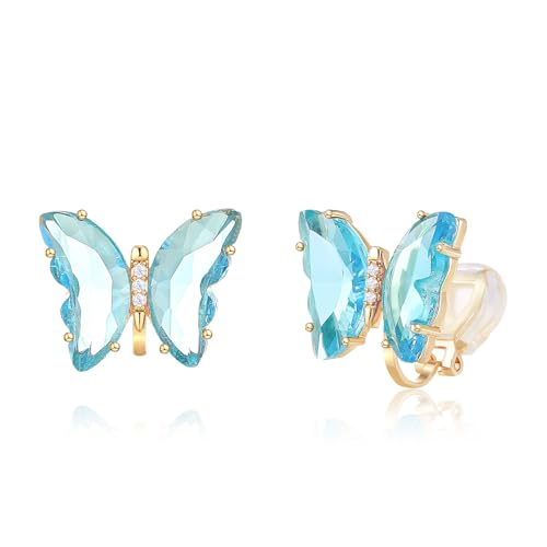 YOQUCOL Butterfly Shape Crystal Clip On Earrings Non Pierced Golden Stud for Women - color: Light Blue