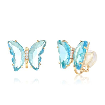 YOQUCOL Butterfly Shape Crystal Clip On Earrings Non Pierced Golden Stud for Women - color: Light Blue