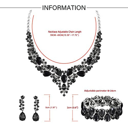 Rhinestone Bridal Jewelry Sets for Women Crystal Necklace Earrings Bracelet Set Silver-Tone Wedding Bridal Bridesmaid Gifts fit with Wedding Dress - color: C:3pcs-Black Tone Necklace + Earrings + Bracelet set
