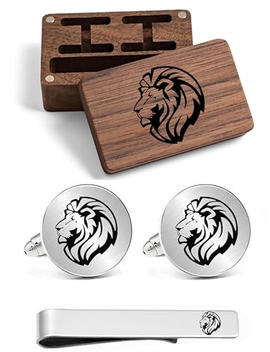 Kooer Birthday Gifts for Husband, Male Lion CuffLinks & Tie Bar Set Engraved Stainless Steel Lion Head Cufflinks Jewerly Gift For Men