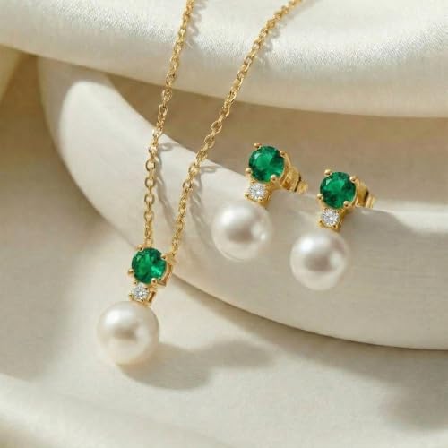 Mariell Pearl Wedding Necklace Earrings Set with CZ Crystal, Jewelry for Brides, Bridesmaid, Mother's Day - color: Gold-Green Cubic Zirconia