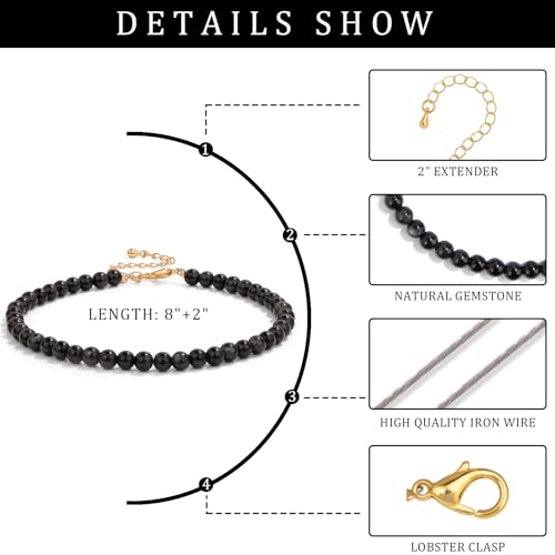 Natural Stone Beaded Anklets for Women, Handmade Boho Clear Quartz 4mm Crystal Beads Anklet, Gold Chain Adjustable Ankles Bracelet, Beach Summer Jewelry Gemstone Foot Bracelet Gift - color: Black Obsidian