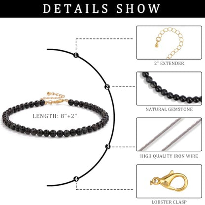 Natural Stone Beaded Anklets for Women, Handmade Boho Clear Quartz 4mm Crystal Beads Anklet, Gold Chain Adjustable Ankles Bracelet, Beach Summer Jewelry Gemstone Foot Bracelet Gift - color: Black Obsidian