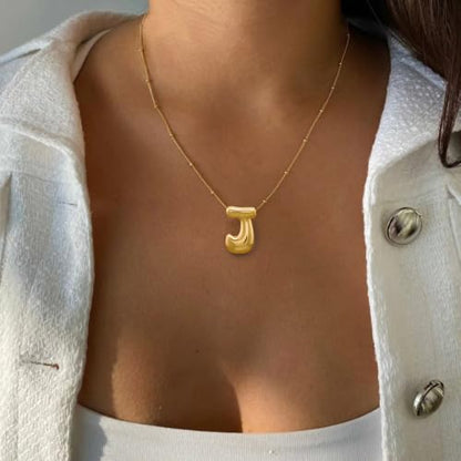 Bheop Initial Necklace for Women, Gold Silver A-Z Bubble Letter Necklace | Chunky Personalized Monogram Name Pendant, Cute Balloon Charm, Dainty Beaded Chain, Trendy Jewelry Gifts, Non Tarnish - color: Gold, style: J